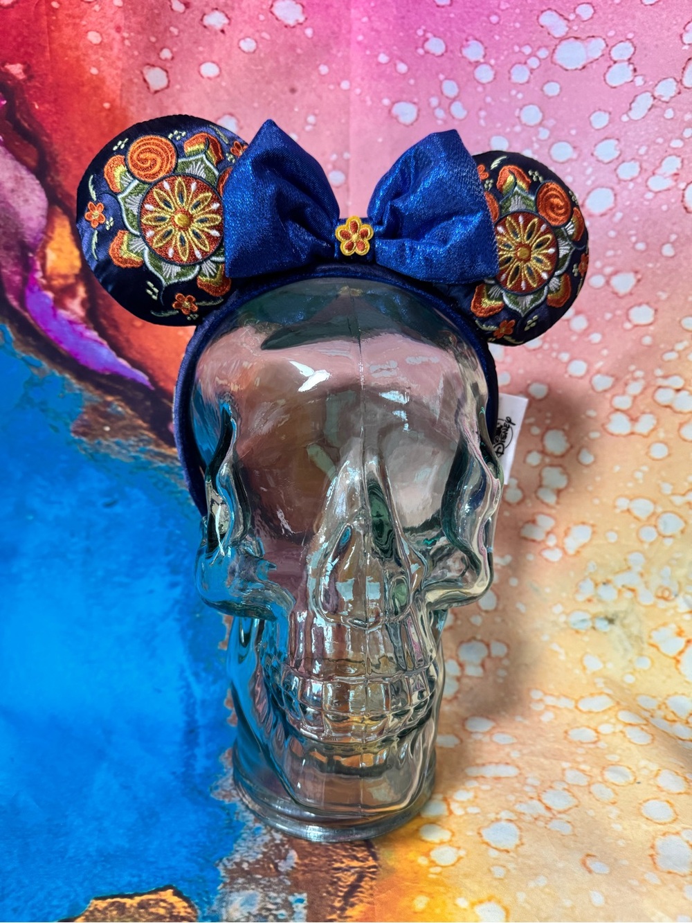 Disney Norway Embroidered Floral Ears with Blue Satin Bow